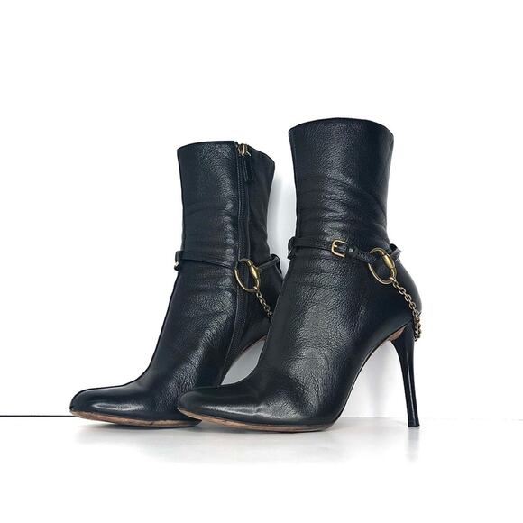 Vintage Gucci Horsebit Chain Harness Black Leather Ankle High Heeled Boots 36.5 - Picture 1 of 8